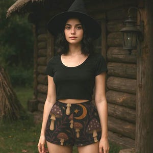 Mystical Mushroom Whimsigoth Pajama Shorts: Dark Fairycore Gothic Loungewear for Cozy Nighttime Comfort