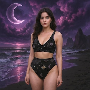 Whimsigoth High-Waisted Bikini: Gothic Moon & Roses Print Swimwear for Dark Aesthetic Beach Days