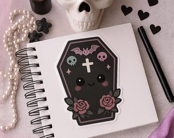 Whimsigoth Coffin Sticker: Kawaii Vinyl Decal for Laptops, Journals & Halloween Decor