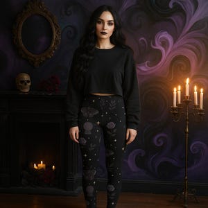 Mystical Moon Moth & Rose Leggings - Whimsigoth Gothic Fairycore Witchy Dark Aesthetic Floral Pants