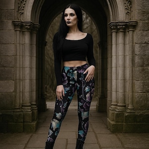 Dark Floral Leggings: Gothic Rose Print - Witchcore Boho Yoga Pants