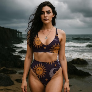 Celestial Sun and Moon Swimsuit Witchcore Astrology Two-Piece Bathing Suit Dark Purple Boho High-Waisted Swimwear Set