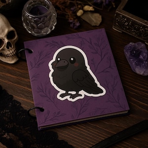 Cute Goth Raven Kiss Cut Sticker – Kawaii Crow Vinyl Decal for Laptop, Journal, Water Bottle & Witchy Dark Aesthetic Accessories