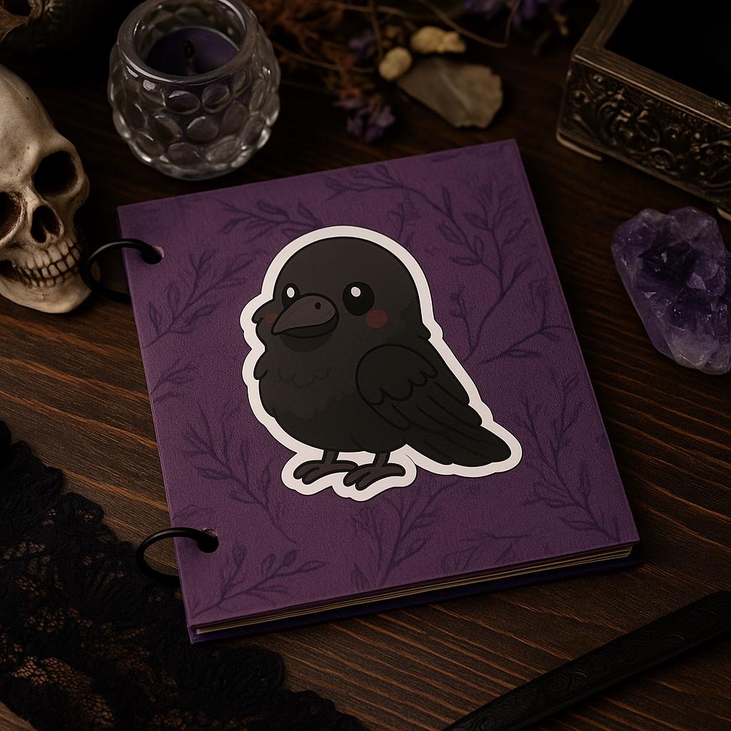 Cute Goth Raven Kiss Cut Sticker – Kawaii Crow Vinyl Decal for Laptop, Journal, Water Bottle & Witchy Dark Aesthetic Accessories