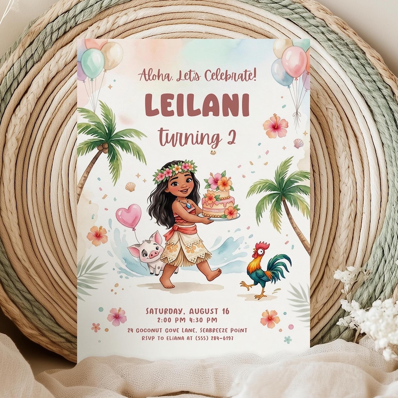 May include: A vibrant invitation card with the text "Aloha Let's Celebrate! LEILANI turning 2". The illustration shows a girl with a cake, a pig, a rooster, palm trees, and balloons. The date and time are also included.