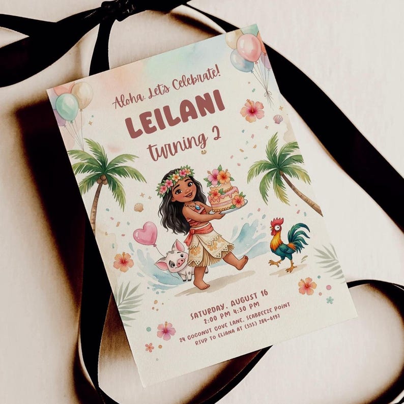 May include: A birthday invitation with the text "Aloha! Let's Celebrate! LEILANI turning 2." The invitation features a cartoon illustration of a girl holding a cake, a pig, a rooster, palm trees, and balloons. The date and time are also included.