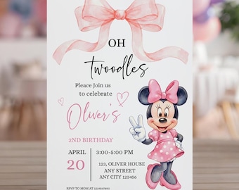 Editable Oh TWOdles Birthday Invitation Digital 2nd Birthday Cute Mouse Second Birthday Invite Oh Twodles Invitation Boho Minnie Invite