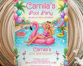 Pool Party Invitation: Pink Fashion Doll Theme (Canva Template, Digital Download)