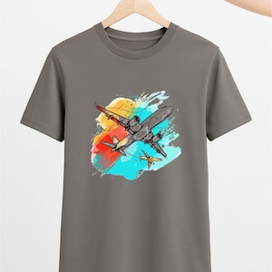 Camiseta de avión a reacción colorido / Camiseta de avión de pasajeros dibujada a mano / Camiseta artística de aviación para viajeros y entusiastas de los vuelos