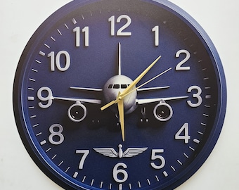 Airplane Wall Clock – Blue Aviation Decor with Gold Hands – Commercial Aircraft Wall Art – Pilot and Crew Gift – Modern Aviation Enthusiast