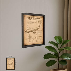 Boeing 787-9 Dreamliner Wall Art – Wood Print with Metal Frame – Pilot Gift – Aircraft Blueprint Poster – Aviation Decor – 35x45 cm