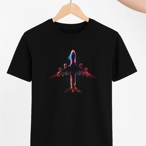 Watercolor Jet Plane T-Shirt | Colorful Passenger Aircraft Graphic Tee | Artistic Aviation Shirt for Travel & Flight Lovers