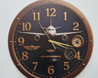 Airplane Wall Clock – Aviation Decor with Gold Hands – Pilot and Cabin Crew Gift – Commercial Aircraft Wall Art for Home or Office
