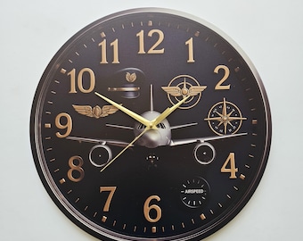 Airplane Wall Clock – Aviation Decor with Gold Hands – Pilot Symbols and Aircraft Wall Art – Gift for Pilots, Cabin Crew
