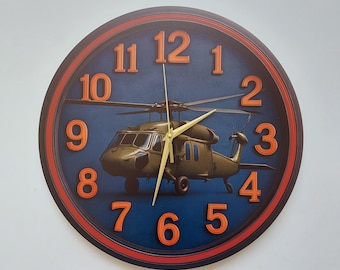Reloj de pared de helicóptero militar – Decoración del hogar con temática de aviación – Regalo de piloto – Arte mural para amantes de las aeronaves – Reloj de helicóptero del ejército