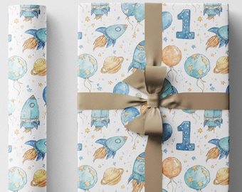 Eerste verjaardag babyjongen ruimte inpakpapierrol, astronaut raket cadeaupapier voor peuter 1e verjaardagsfeestje en melkwegthema #1