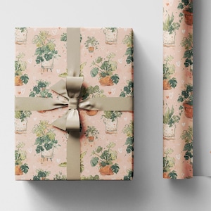 Könnte beinhalten: Eine verpackte Geschenkbox und eine Rolle Geschenkpapier, beide mit einem sich wiederholenden Muster von Topfpflanzen auf hellrosa Hintergrund. Die Geschenkbox ist mit einem beigen Band und einer Schleife gebunden. Die Papierrolle ist teilweise abgerollt.