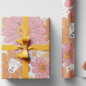 Groovy Halloween Wrapping Paper Roll, Retro 70s Halloween Gift Wrap, Colorful Funky Ghosts and Pumpkins for Spooky Fall Parties