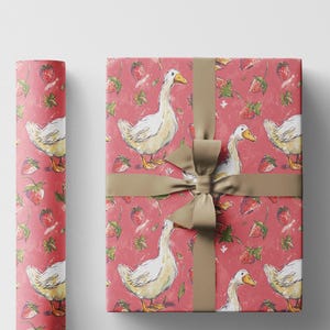Strawberry Gooses Wrapping Paper for Little Girl Birthday | Adorable Berry Gift Wrap Sheets | Sweet Fruit Party Decor