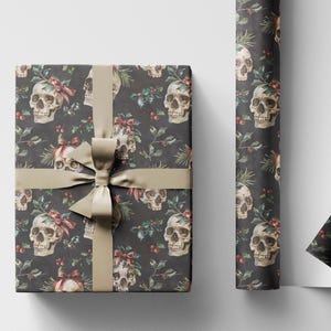 Gothic Christmas Wrapping Paper Roll, Dark Skull Gift Wrap for Spooky Winter Holiday Vibes #24