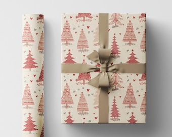Skandinaviskt julklappspapper: Nordiska träd, snöflingor, minimalistisk folkkonst (rött och vitt)