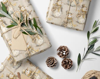 Snögubbe julklappspapper i rulle, vinterhelgpresentpapper med frostiga vänner och snöflingedesign #1