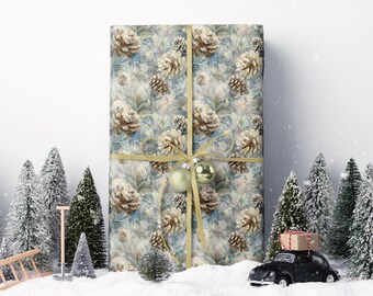 Rollo de papel de regalo con piñas de bosque, papel de regalo navideño de invierno con ilustraciones de árboles de hoja perenne n.° 11