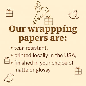 May include: A tan background with brown text that reads "Our wrapping papers are: tear-resistant, printed locally in the USA, finished in your choice of matte or glossy." Decorative birds and gift box illustrations are also present.