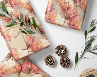 Blush Marble Presentpapper Mjukt Rosa och Guld Alkoholbläck Presentpappersark för Eleganta Gåvor och Fester #014