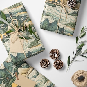 Japanse kunst inpakpapier Washi-stijl cadeaupapier minimalistisch Seigaiha-patroon elegante, Japan geïnspireerde verpakking voor vakantiecadeaus #1 afbeelding 1
