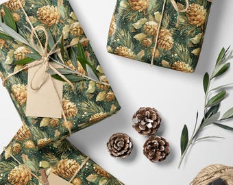 Papel de regalo rústico con motivos de bosque invernal, piñas y árboles.