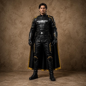 May include: A black leather-style tactical suit featuring a high collar, long sleeves, and matching trousers. The jacket displays a white skull emblem on the chest and shoulders, accented with yellow piping, a utility belt, and a long black cape.