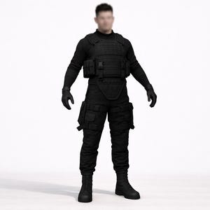 May include: Full-body shot of a person in a black tactical uniform. The uniform includes a tactical vest, long-sleeved shirt, cargo pants, gloves, and boots. The person is standing against a white background.