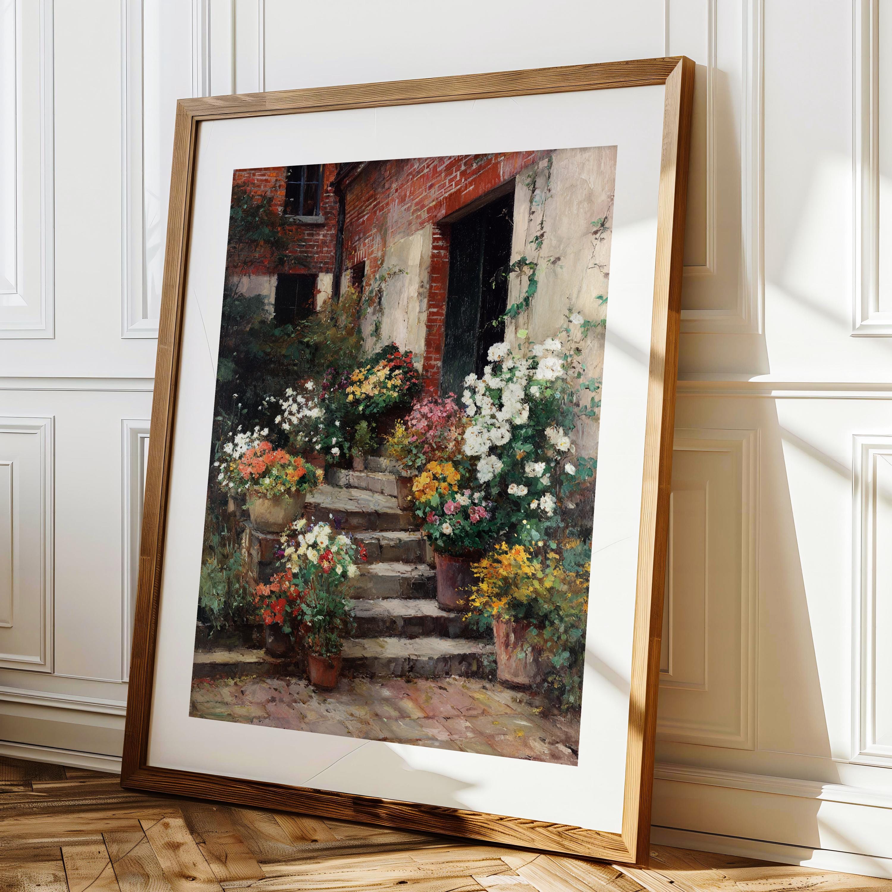 【美品】ロンゴ『パティオガーデン 階段と花壇』風景画 額装 大型 縦76×横91 絵画 サン キム フローラル パティオ1 壁掛け 壁飾り インテリア 油絵