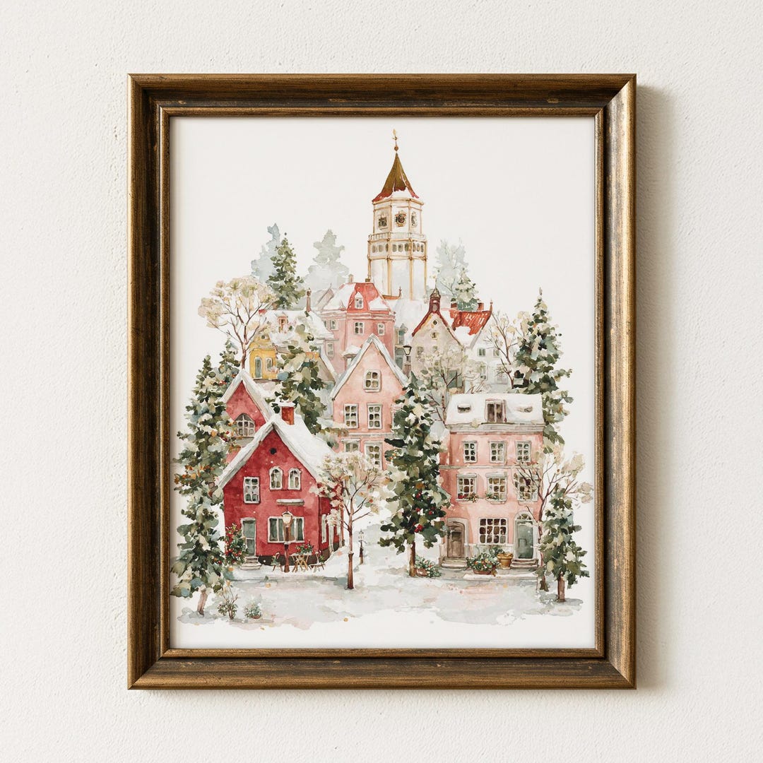 Watercolor Christmas Village Scene - Festive Vintage Holiday Art, Snow ...