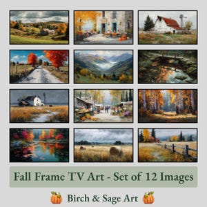 Puede incluir: Un conjunto de 12 impresiones artísticas enmarcadas con paisajes otoñales. Las imágenes muestran escenas de graneros, bosques y campos con vibrantes colores de otoño. El texto "Fall Frame TV Art - Set of 12 Images" y "Birch & Sage Art" se muestra en la parte inferior.