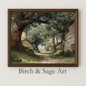 May include: A framed landscape art print featuring a path winding through a forest. The artwork showcases large trees with lush green foliage, moss-covered rocks, and a pathway leading into the distance. The text "Birch & Sage Art" is at the bottom.