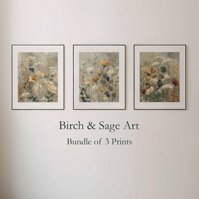 Vintage Botanical Wall Art Set of 3 Prints, Rustic Floral Set, Sage and ...