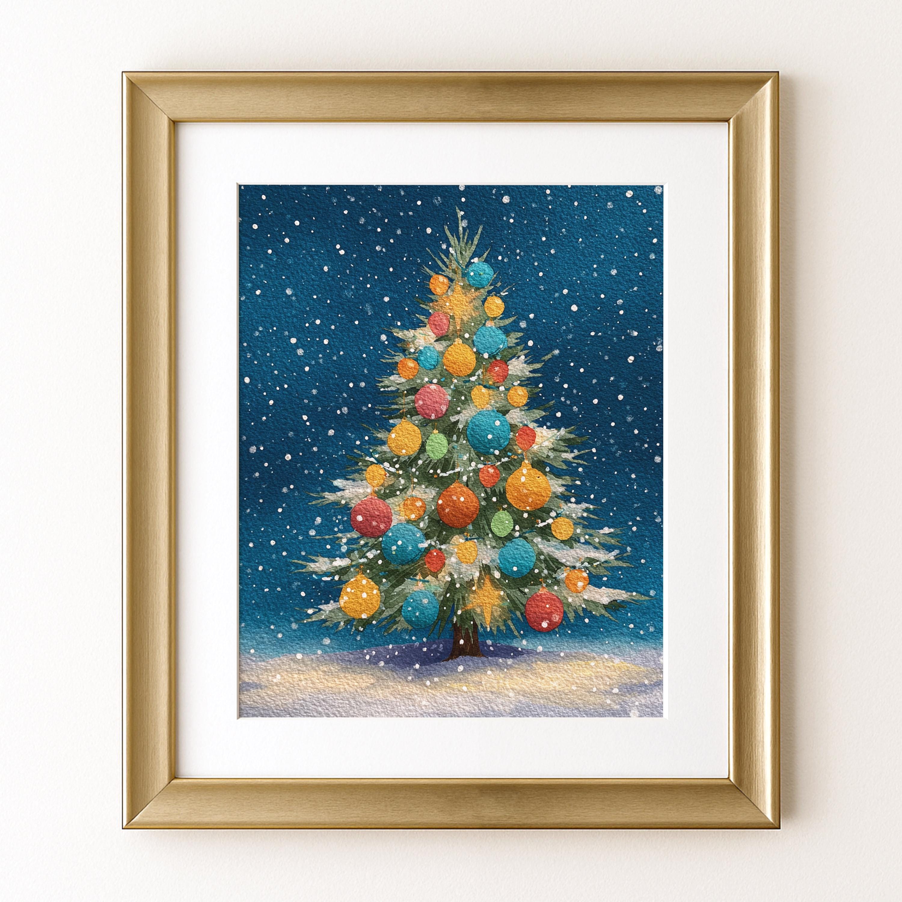 気まぐれなクリスマスツリーのプリント - 雪の夜のウォールアート