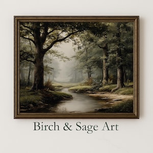 May include: A framed landscape painting depicting a serene forest scene with a winding stream flowing through dense trees and misty, muted green and brown foliage. The artwork is enclosed in a dark, textured frame and features the text Birch & Sage Art.
