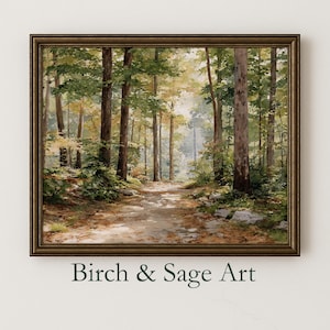 May include: A framed landscape painting of a forest path bathed in sunlight. The artwork shows tall trees with green and yellow leaves, and a path leading into the distance. The painting is in a dark brown wooden frame. The text "Birch & Sage Art" is at the bottom.