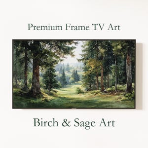 May include: A framed landscape painting of a forest scene with tall trees and a grassy clearing. The artwork features a variety of greens and browns, with the text "Premium Frame TV Art" and "Birch & Sage Art".