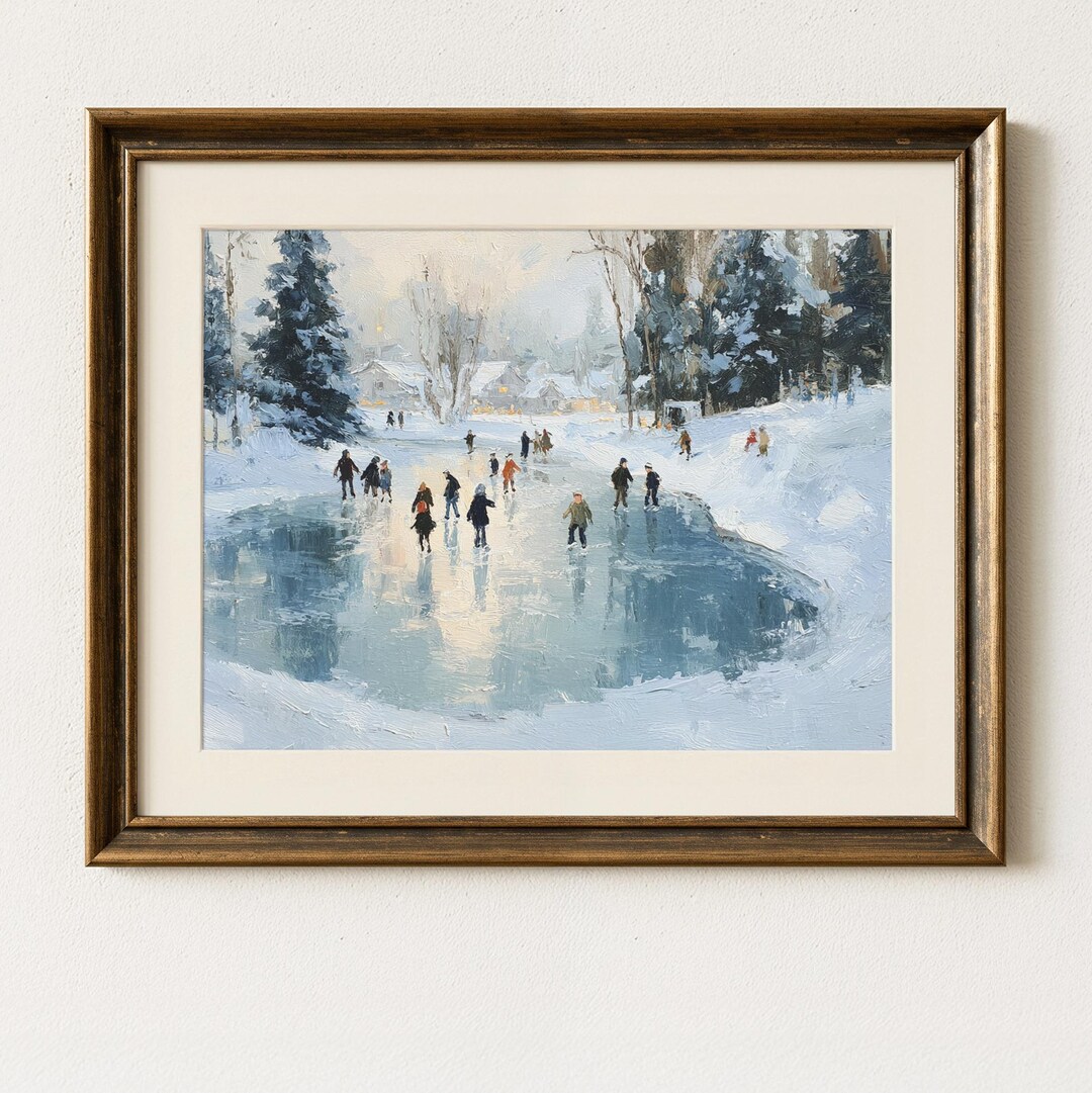 Winter Art Print - Ice Skating on Frozen Pond, Cozy Winter Scene Art ...