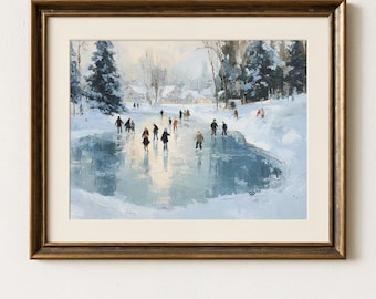 Winterkunstdruck – Schlittschuhlaufen auf einem zugefrorenen Teich, Gemütliche Winterlandschaft, Rustikale Schneelandschaft, Vintage-Weihnachtsdeko, Digitaler Kunstdruck H258