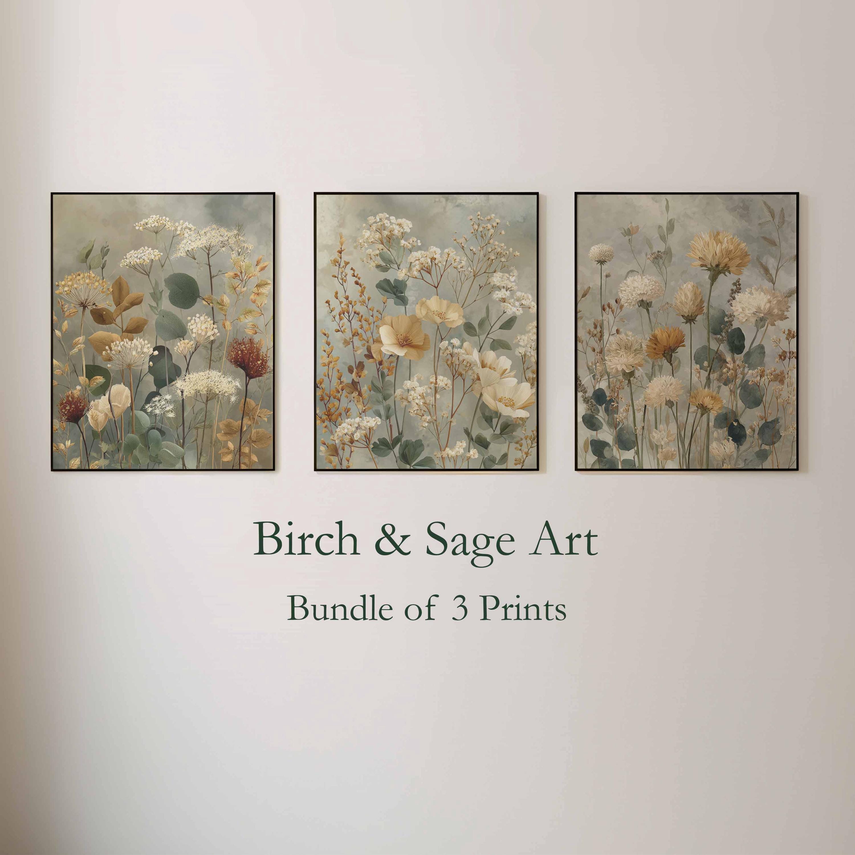 Vintage Botanical Wall Art Set of 3 Prints, Rustic Floral Set, Sage and ...