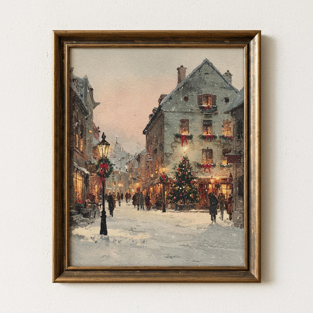 Charming Christmas Village Art Print – Snowy Winter Town Scene, Vintage ...