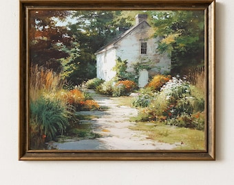 Arte mural de jardín rústico, lámina de jardín inglés, decoración cottagecore, pintura de granja vintage, arte imprimible de Wildflower Cottage H409