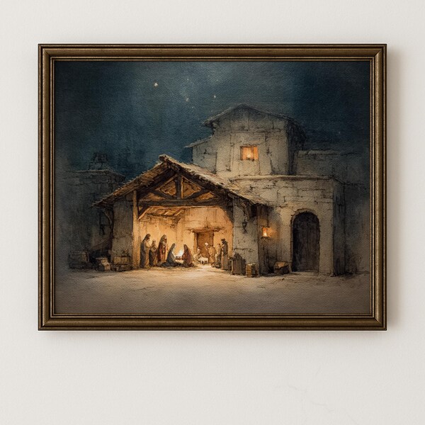 Vintage Nativity Painting Scene - Rustic Christmas Wall Art, Traditional Holiday Decor, Watercolor Painting, Printable Christmas Art 113