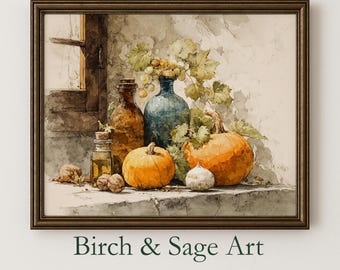 May include: Watercolor painting in a brown wooden frame featuring a still life with pumpkins, gourds, and bottles. A blue vase holds grapes and leaves. The text "Birch & Sage Art" is at the bottom.
