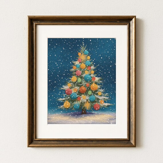 気まぐれなクリスマスツリーのプリント - 雪の夜のウォールアート
